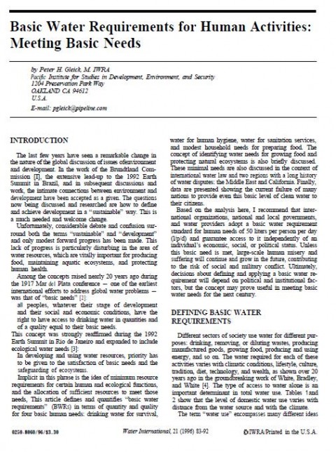 Basic Water Requirements for Human Activities