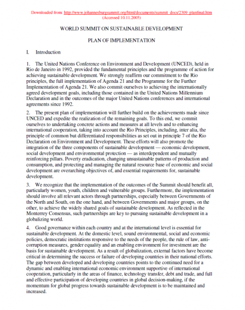 Plan of Implementation of the World Summit on Sustainable Development