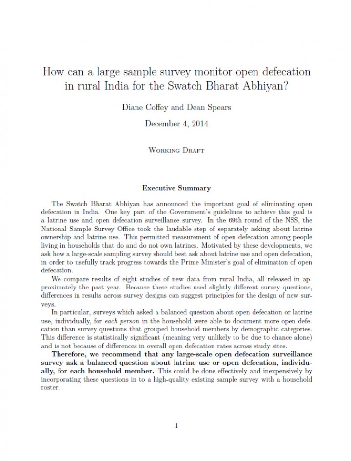 How can a large sample survey monitor open defecation in rural India for the Swatch Bharat Abhiyan?