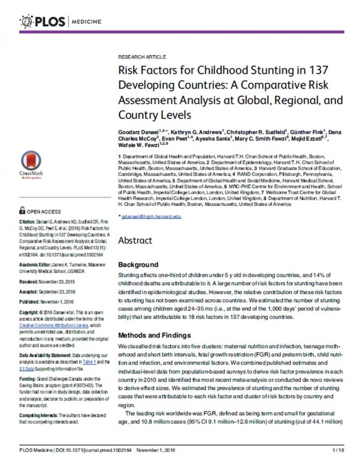 Risk factors for childhood stunting in 137 developing countries: A comparative risk assessment analysis at global, regional and country level