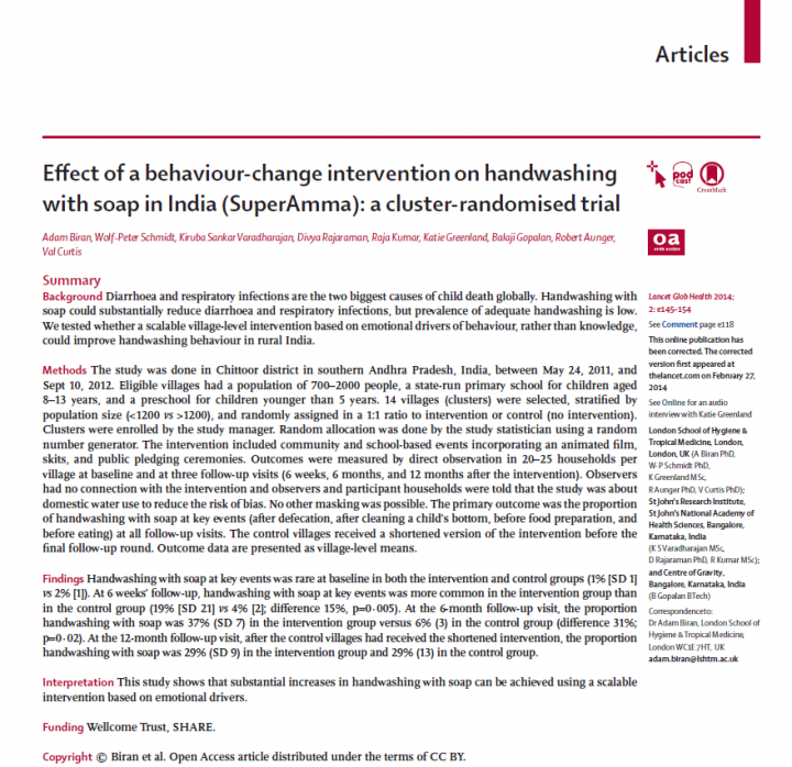 Effect of a behaviour-change intervention on handwashing with soap in India (SuperAmma): a cluster-randomised trial