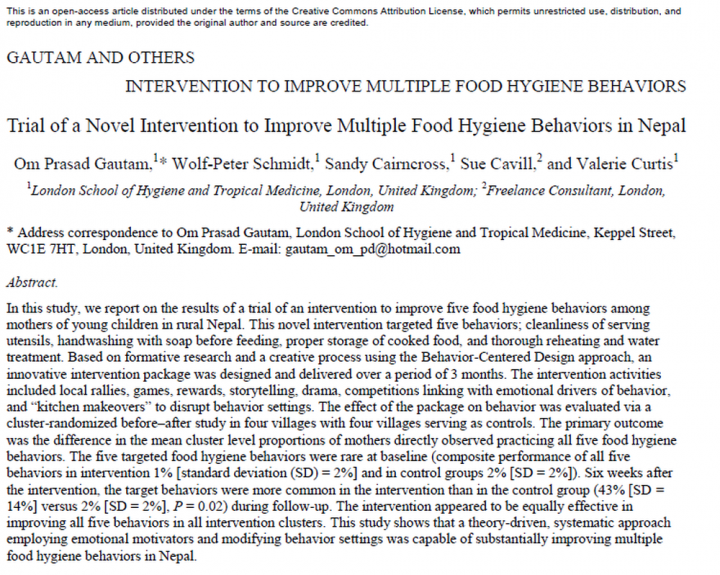 Intervention to Improve Multiple Food Hygiene Behaviors: Trial of a Novel Intervention to Improve Multiple Food Hygiene Behaviors in Nepal