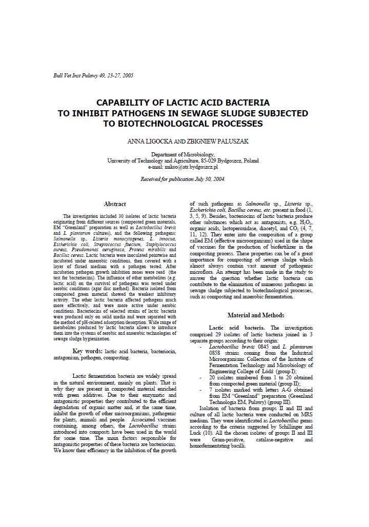 Capability of lactic acid bacteria to inhibit pathogens in sewage sludge subject to biotechnological processes.
