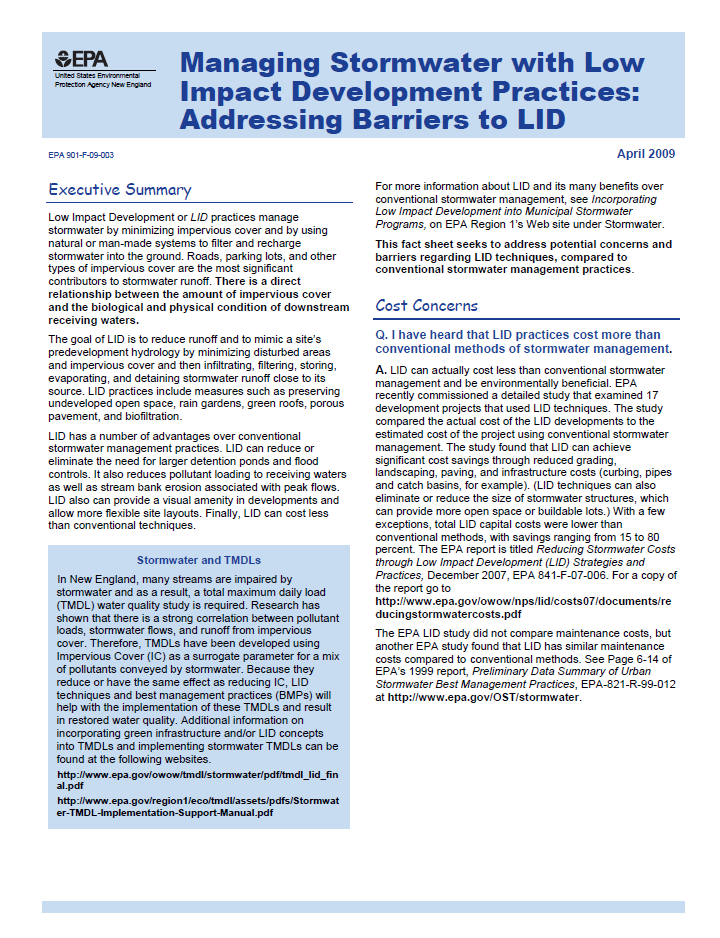 Managing Stormwater with Low Impact Development Practices: Addressing Barriers to LID