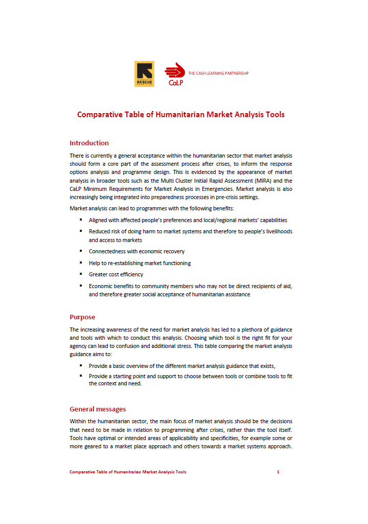 Comparative table of humanitarian market analysis tools