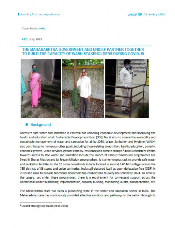 THE MAHARASHTRA GOVERNMENT AND UNICEF PARTNER TOGETHER TO BUILD THE CAPACITY OF WASH STAKEHOLDERS DURING COVID-19